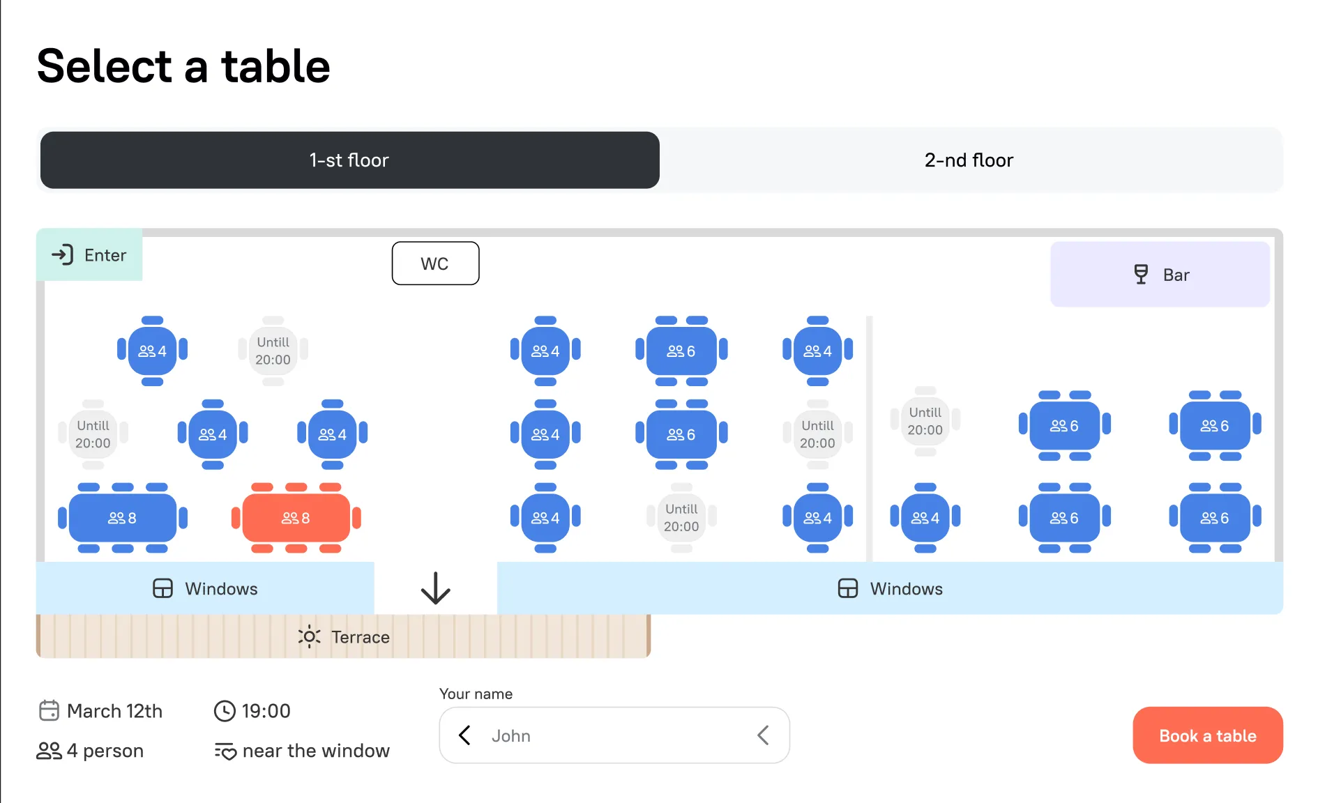 Guest booking screen: pick a table on the restaurant floor plan