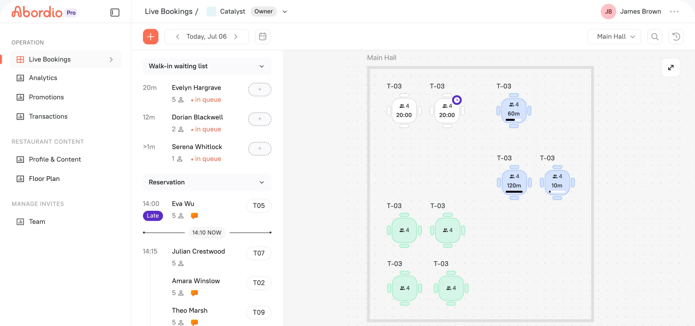 Abordio restaurant dashboard with live bookings and the floor plan