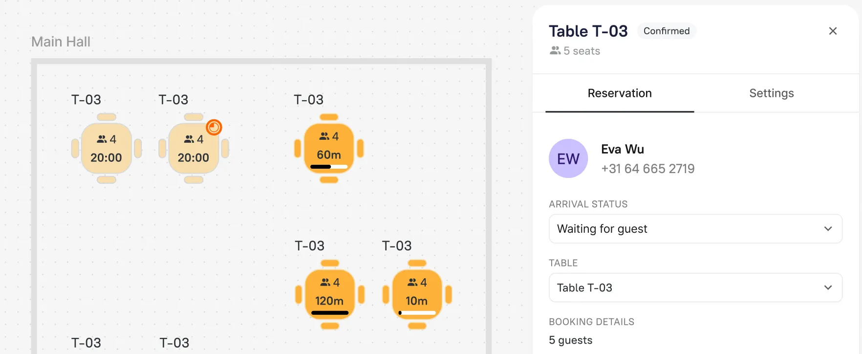 Host dashboard: floor plan with live table timers and the booking details panel