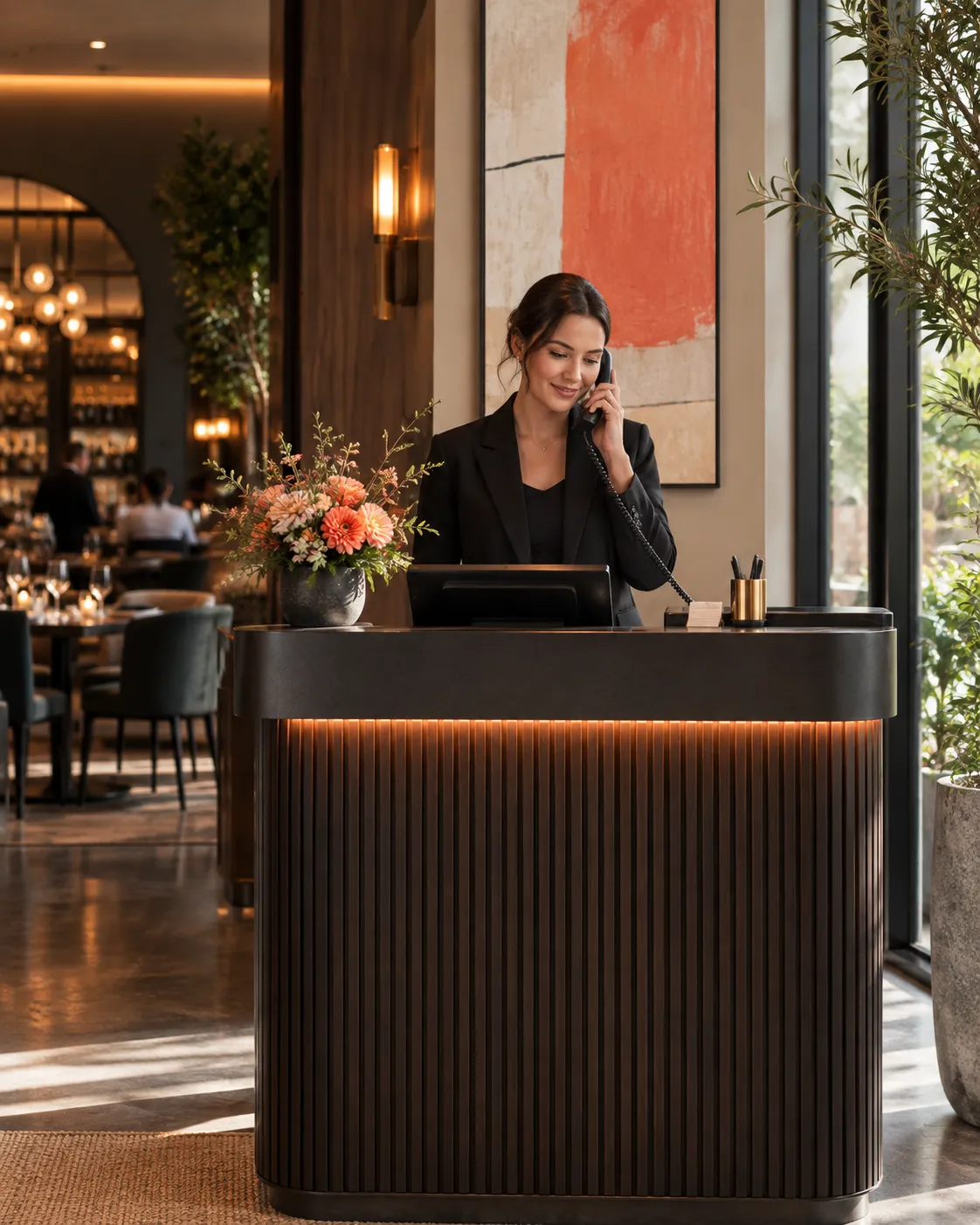 Restaurant host taking a booking at the front desk